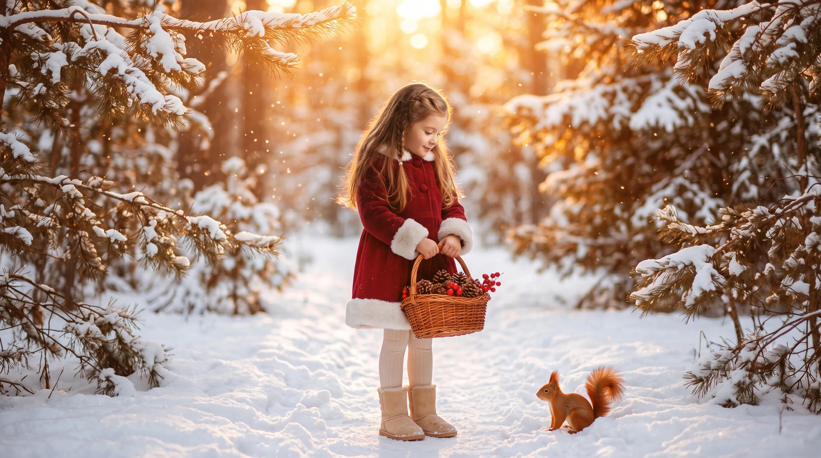 Composición de fantasía: niña con cesta y abrigo rojo junto a una ardilla en un bosque nevado al atardecer.