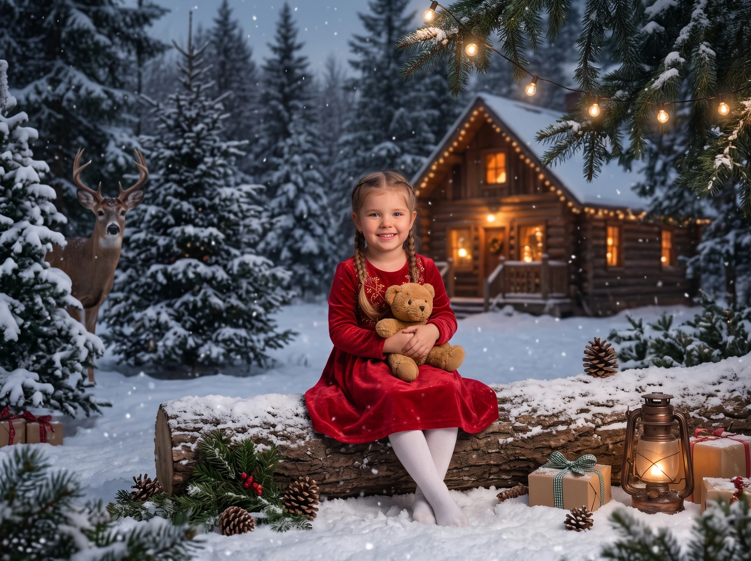 Composición de fantasía: niña abrazando un osito frente a una cabaña iluminada y un ciervo entre árboles nevados.