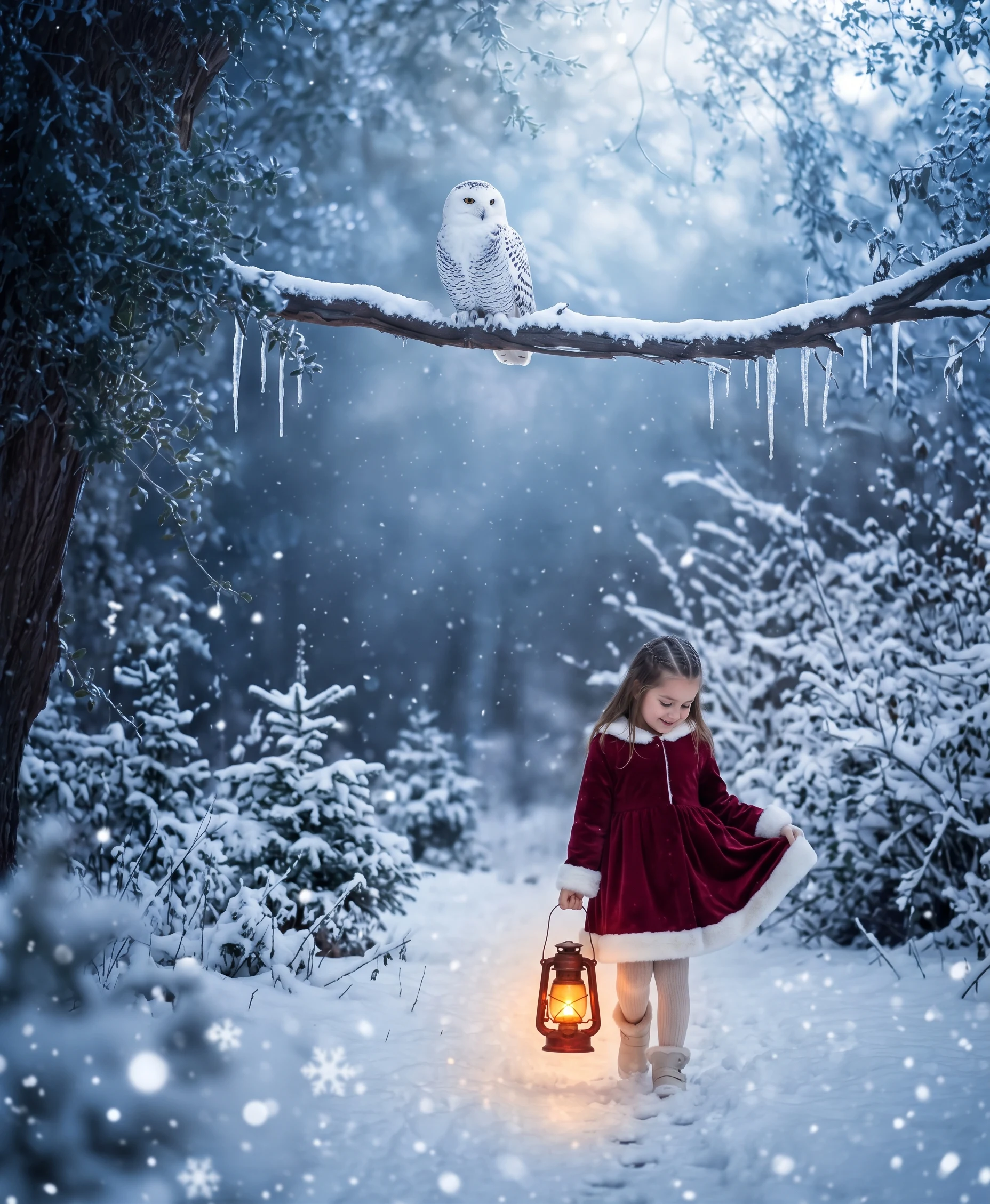 Composición de fantasía: niña con un farol en un bosque nevado y un búho blanco sobre una rama.