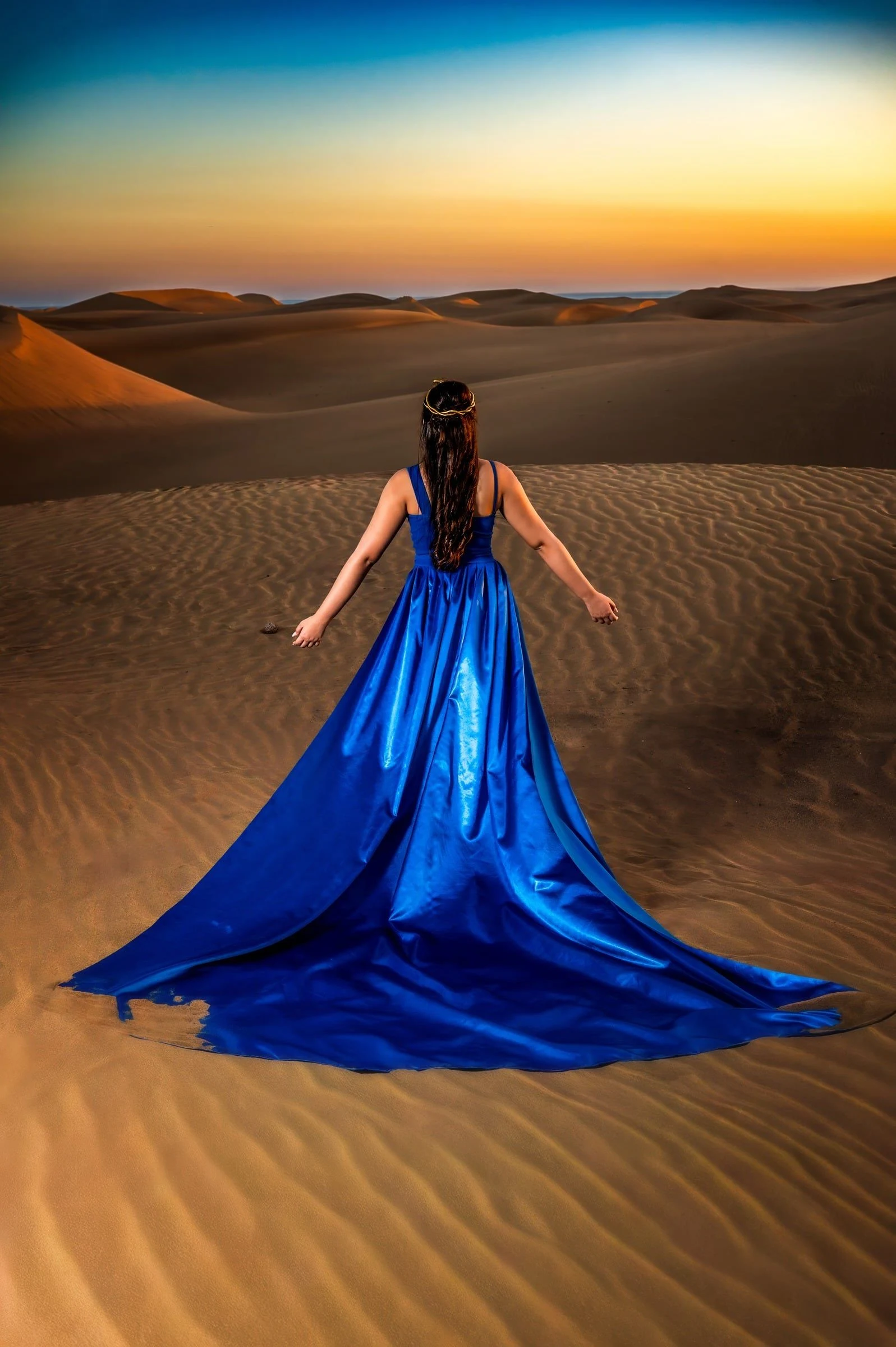 Quinceañera de espaldas con la cola de su vestido azul extendida sobre las dunas al atardecer.
