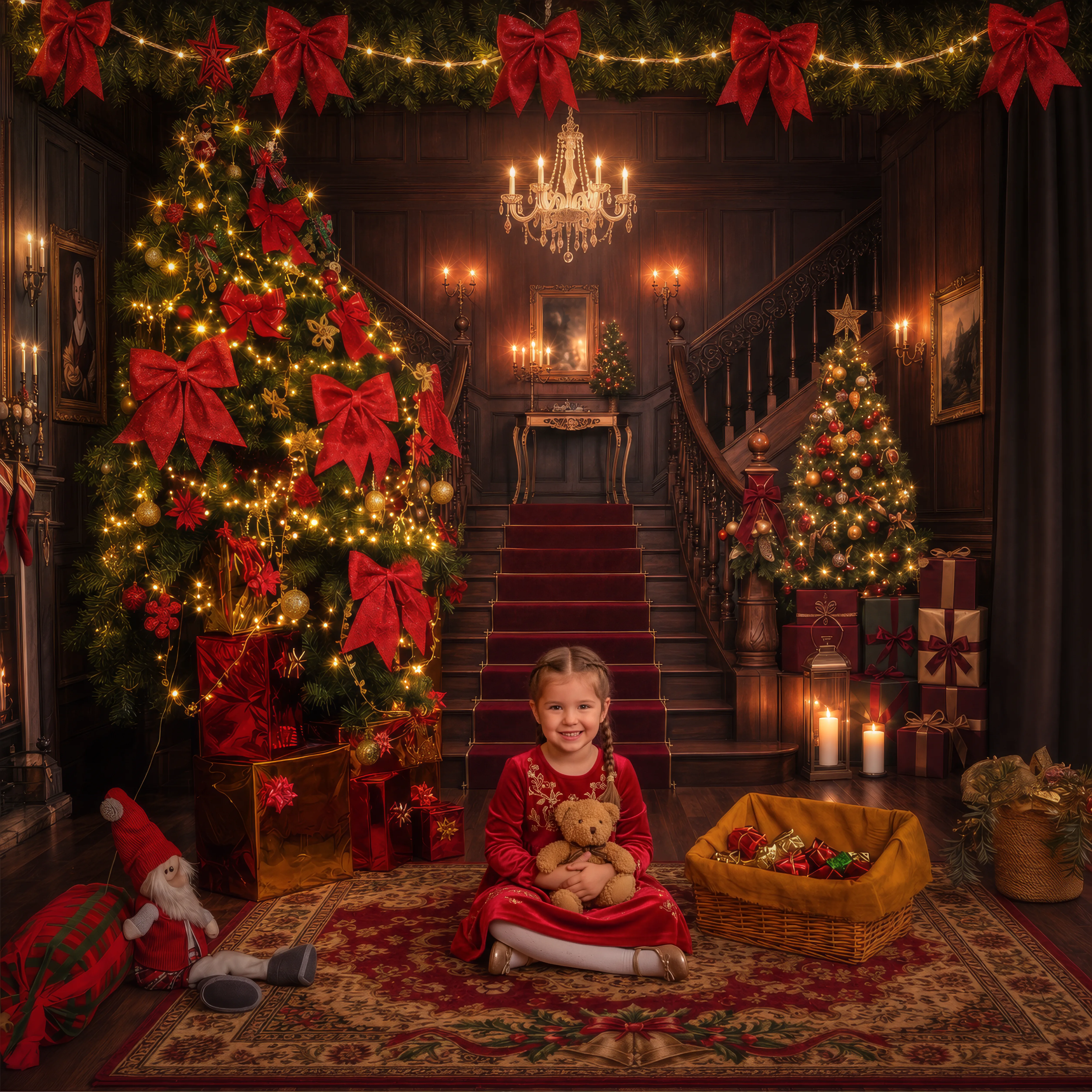 Niña abrazando un osito al pie del árbol de Navidad, ante la escalera del decorado del estudio.