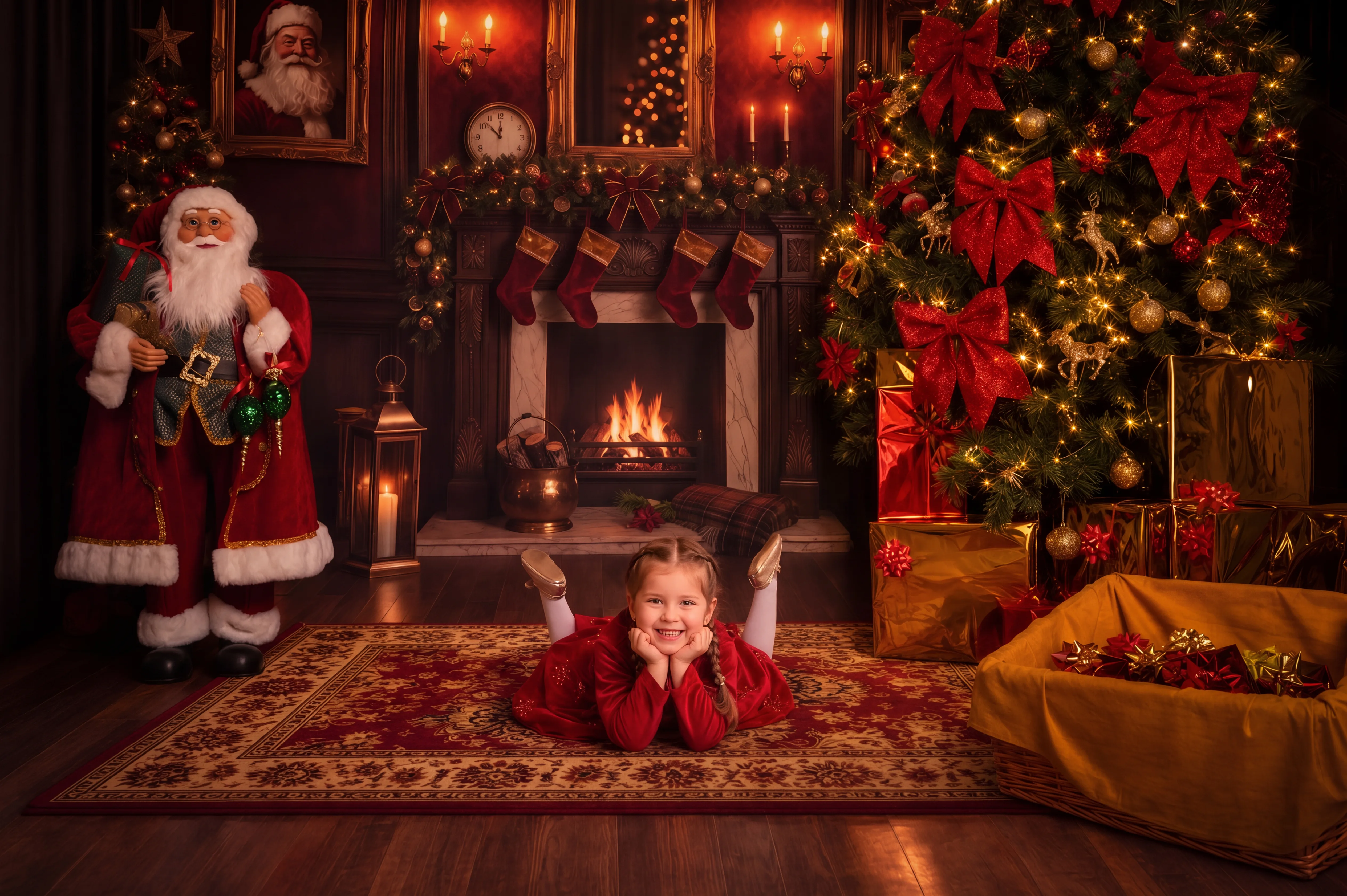 Niña tumbada sobre la alfombra junto a Papá Noel, el árbol y la chimenea del decorado navideño.