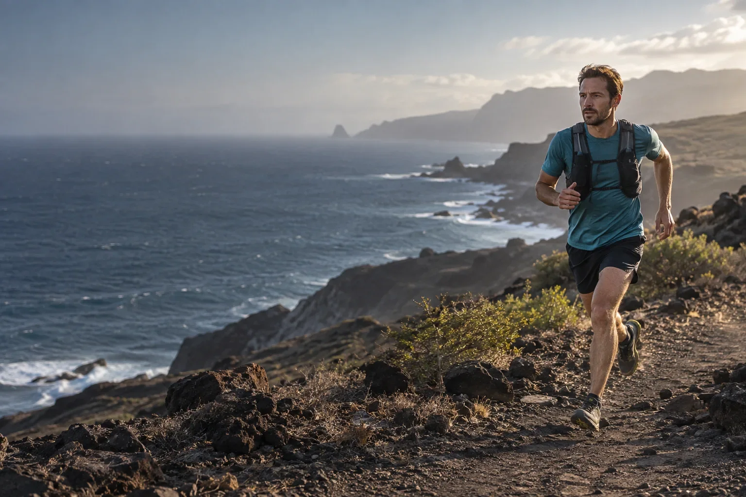 Corredor adulto de trail en acción junto a la costa volcánica de Gran Canaria.