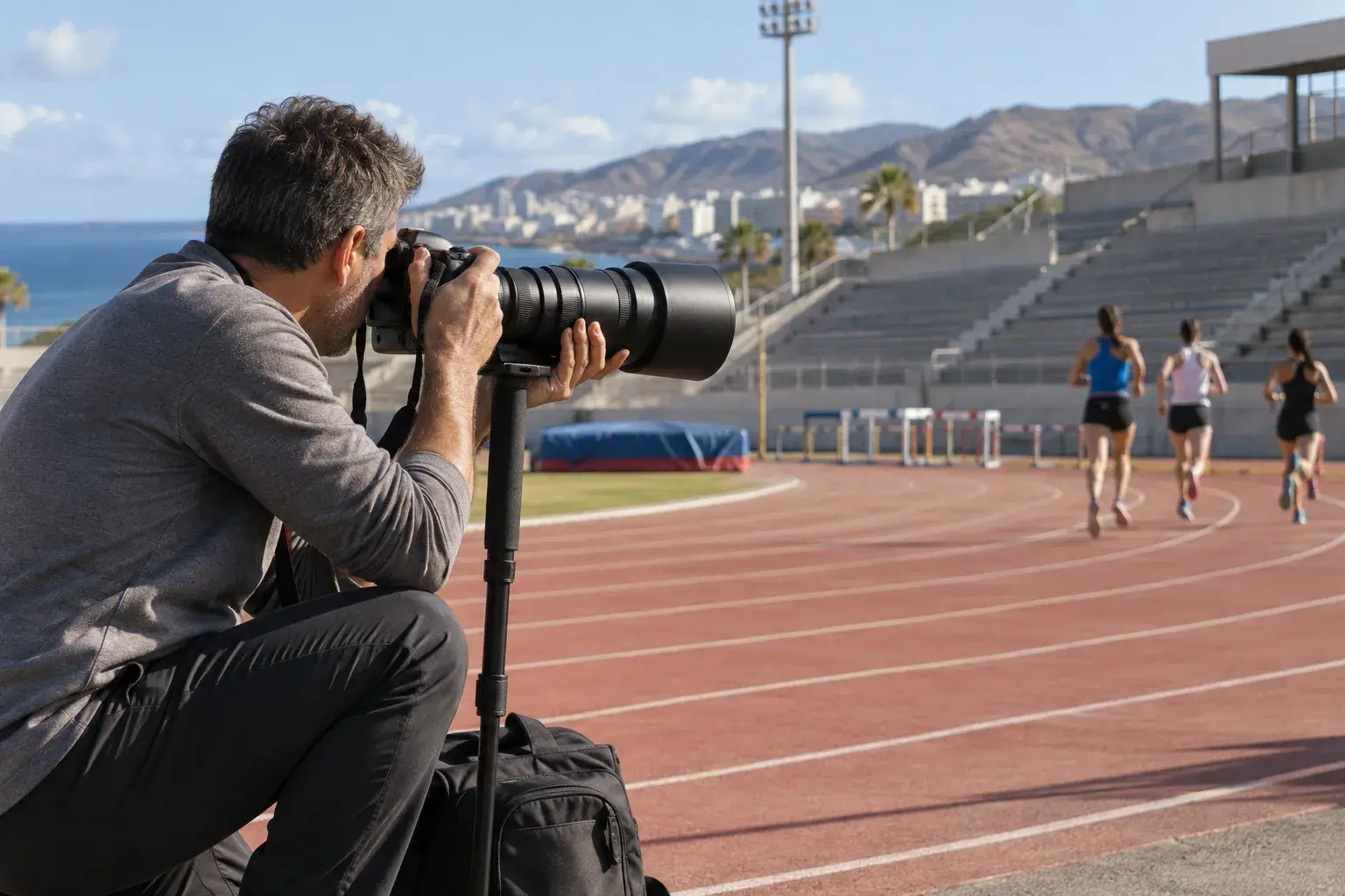 Fotógrafo deportivo prepara una toma con teleobjetivo junto a una pista de atletismo.
