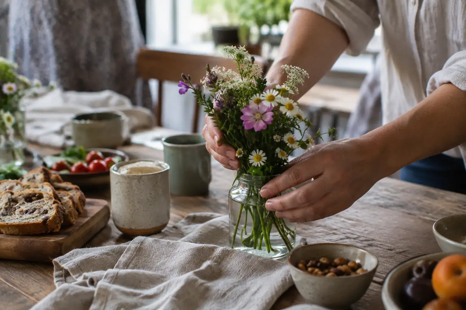 Manos ajustando flores en una mesa preparada para una celebración.