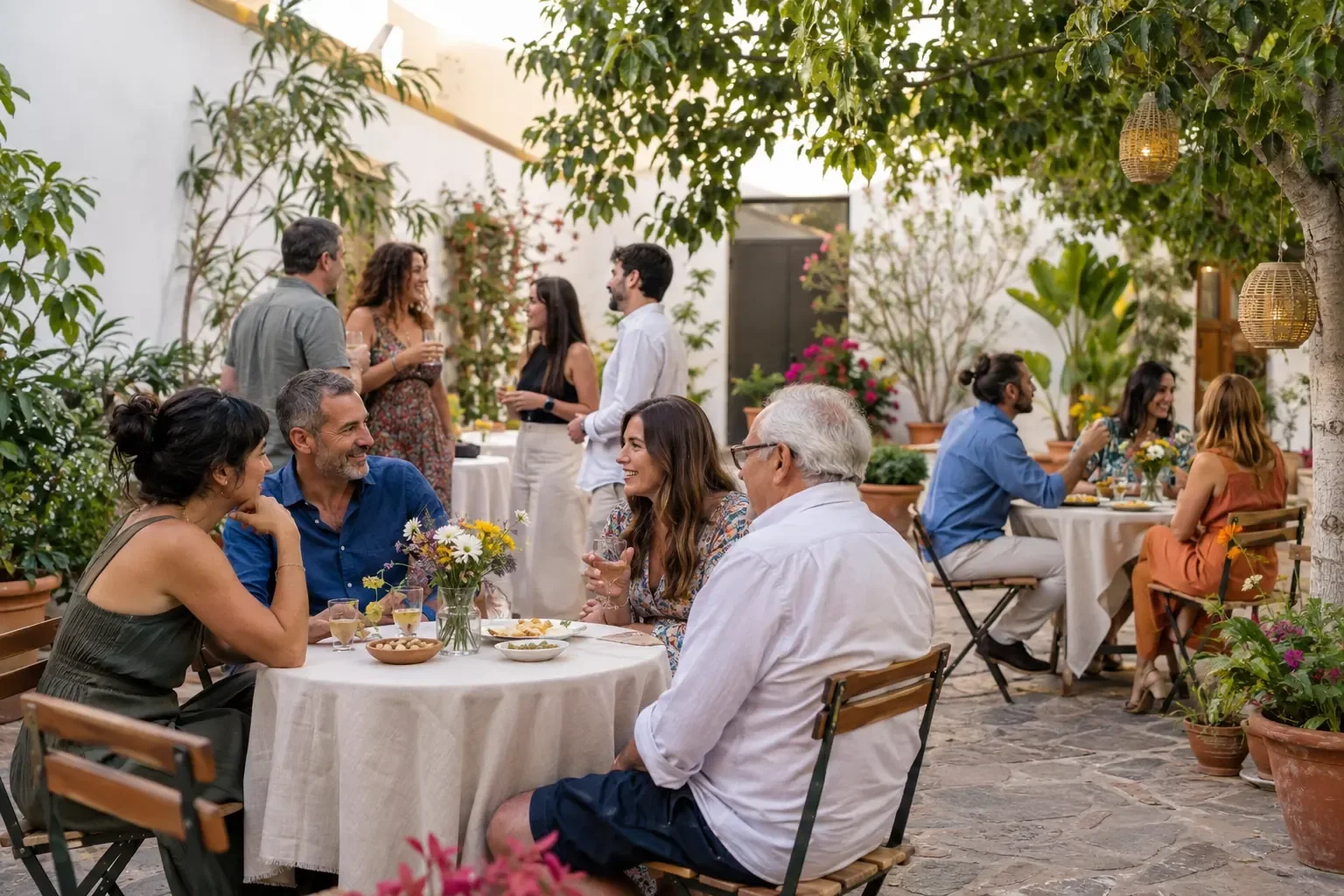 Invitados conversando durante una celebración al atardecer.