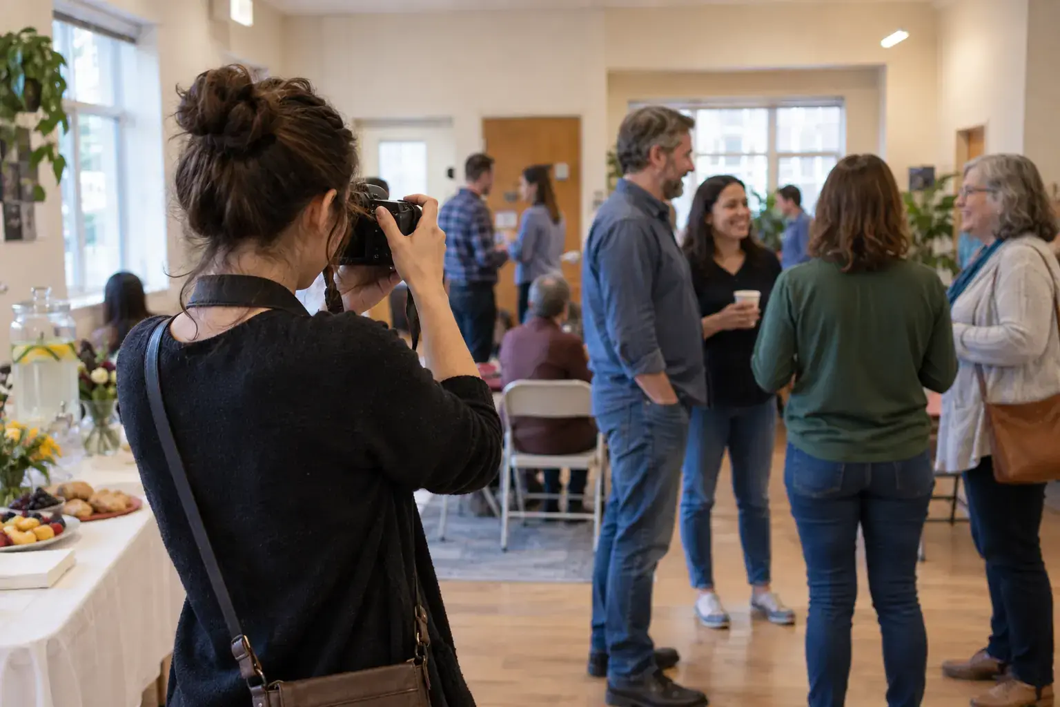 Fotógrafa trabajando de forma discreta durante un evento.