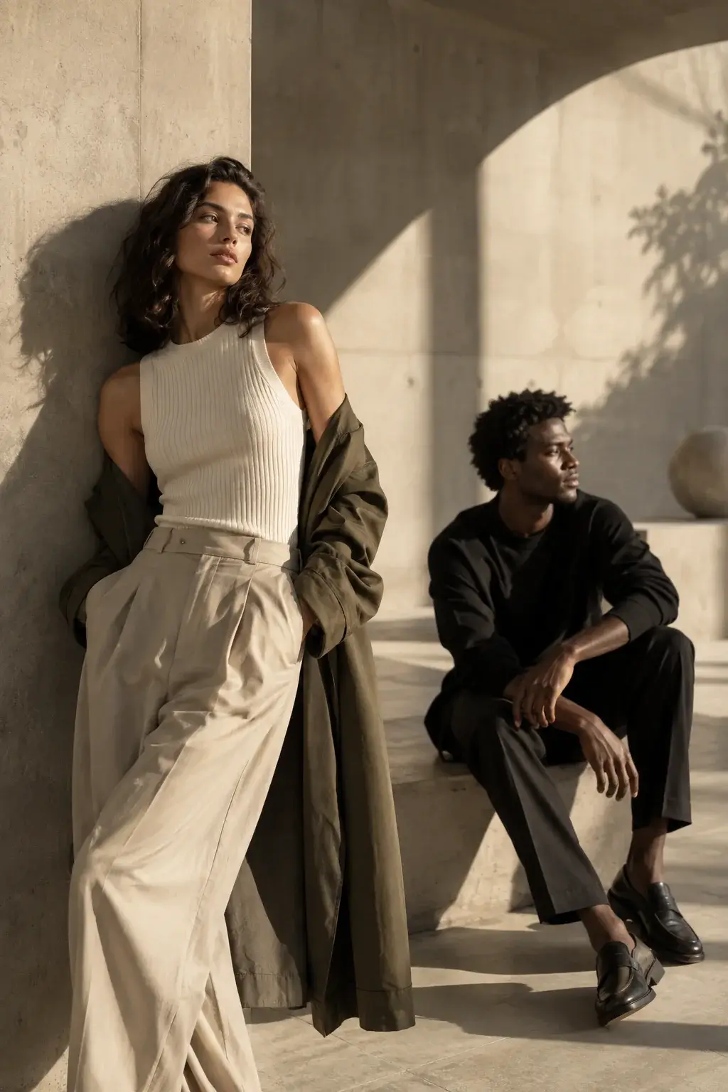 Ejemplo conceptual de dos modelos adultos en una escena editorial de moda.