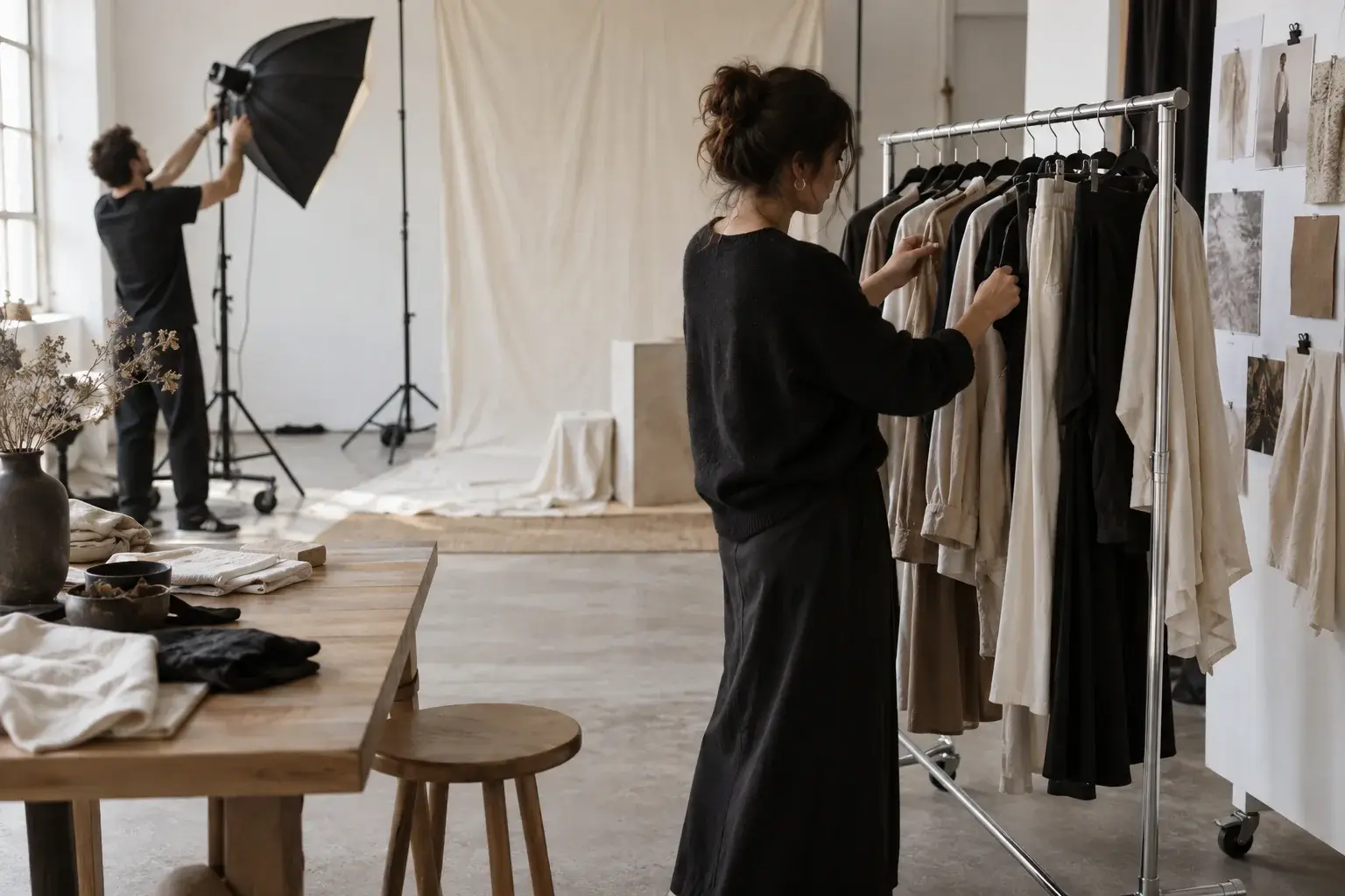 Ejemplo conceptual de preparación de estilismo e iluminación para una sesión de moda.