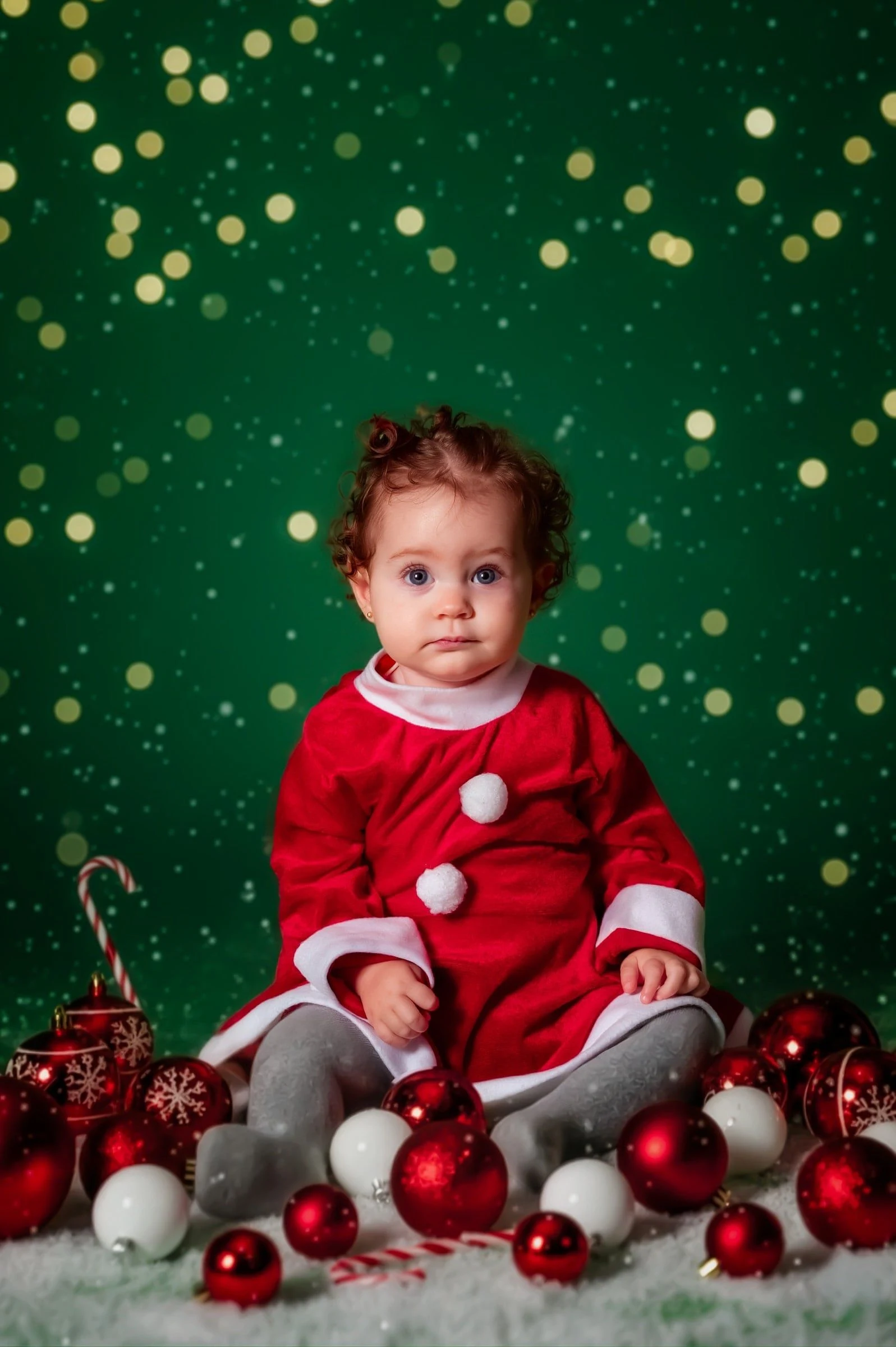 Bebé con ropa roja sentado ante un fondo verde con luces navideñas.