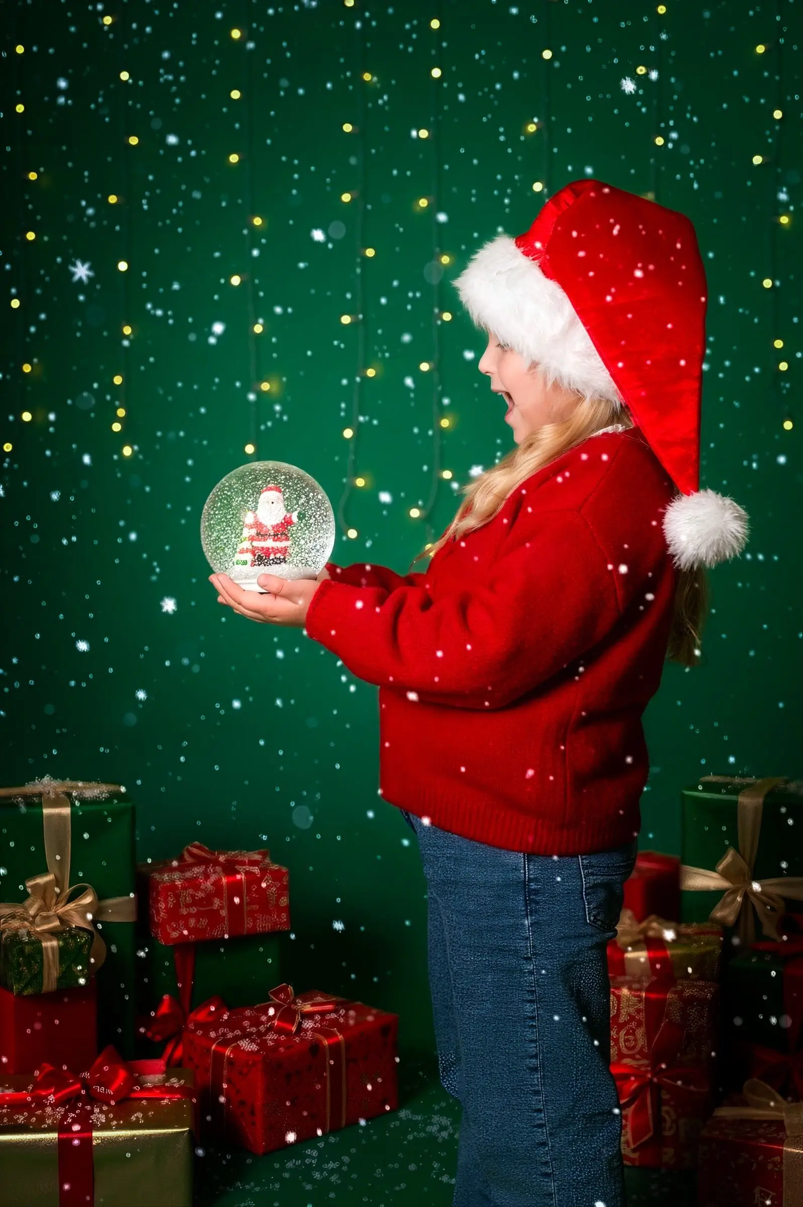 Niña con gorro navideño contempla una bola luminosa sobre fondo verde.