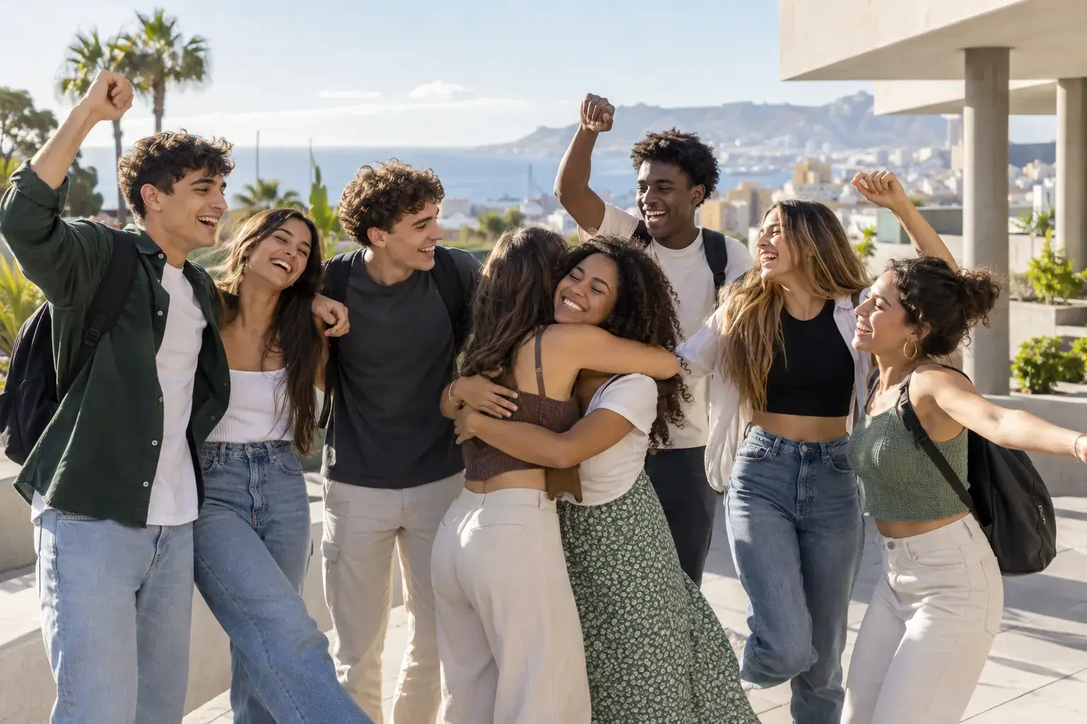 Estudiantes ficticios celebran de forma natural el final de una etapa educativa.
