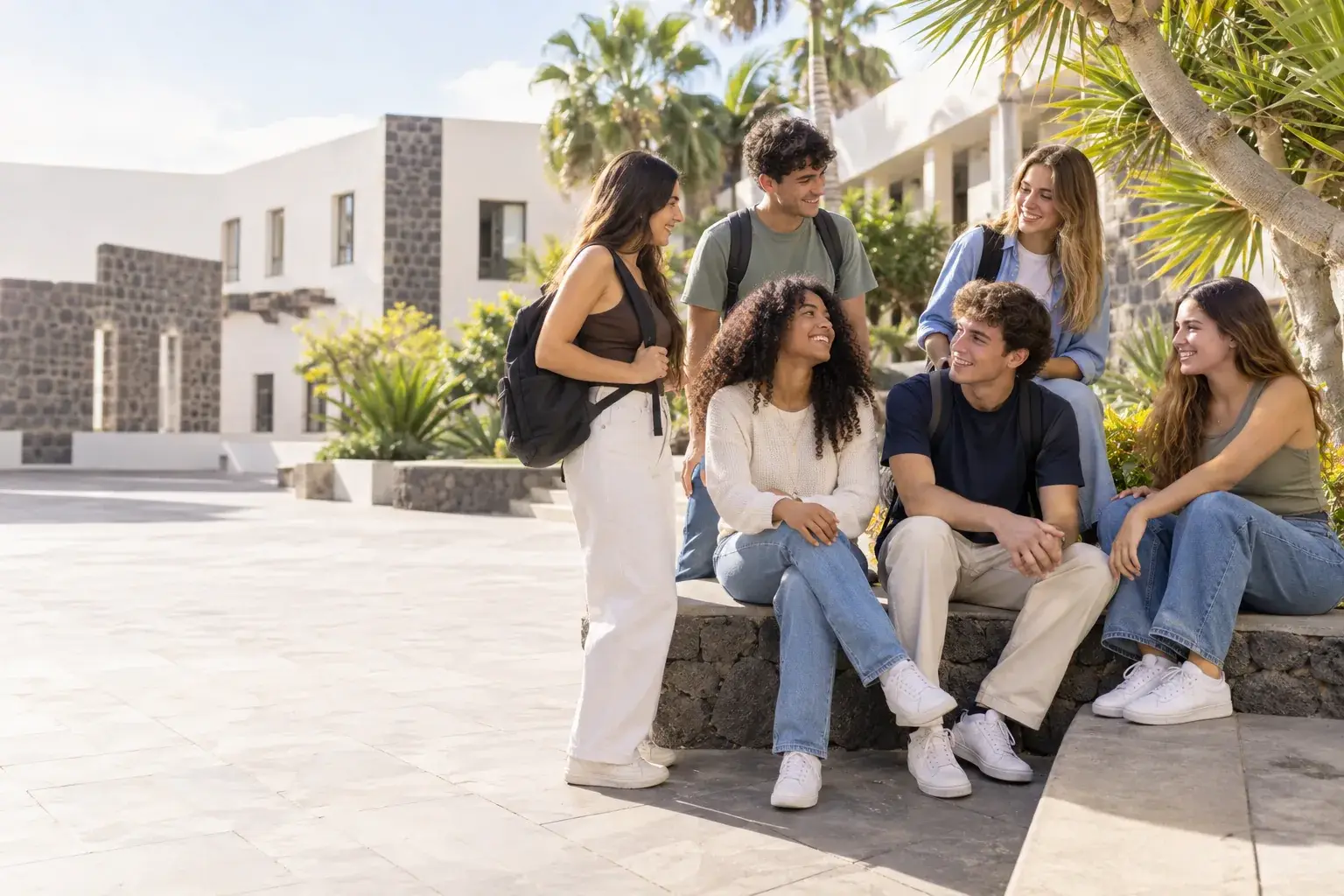 Grupo de estudiantes ficticios reunido en un patio educativo luminoso de Gran Canaria.