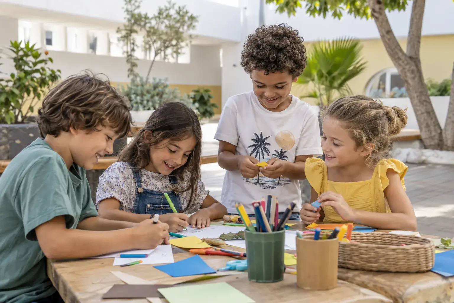 Niños y niñas ficticios comparten una actividad tranquila en un entorno educativo luminoso.