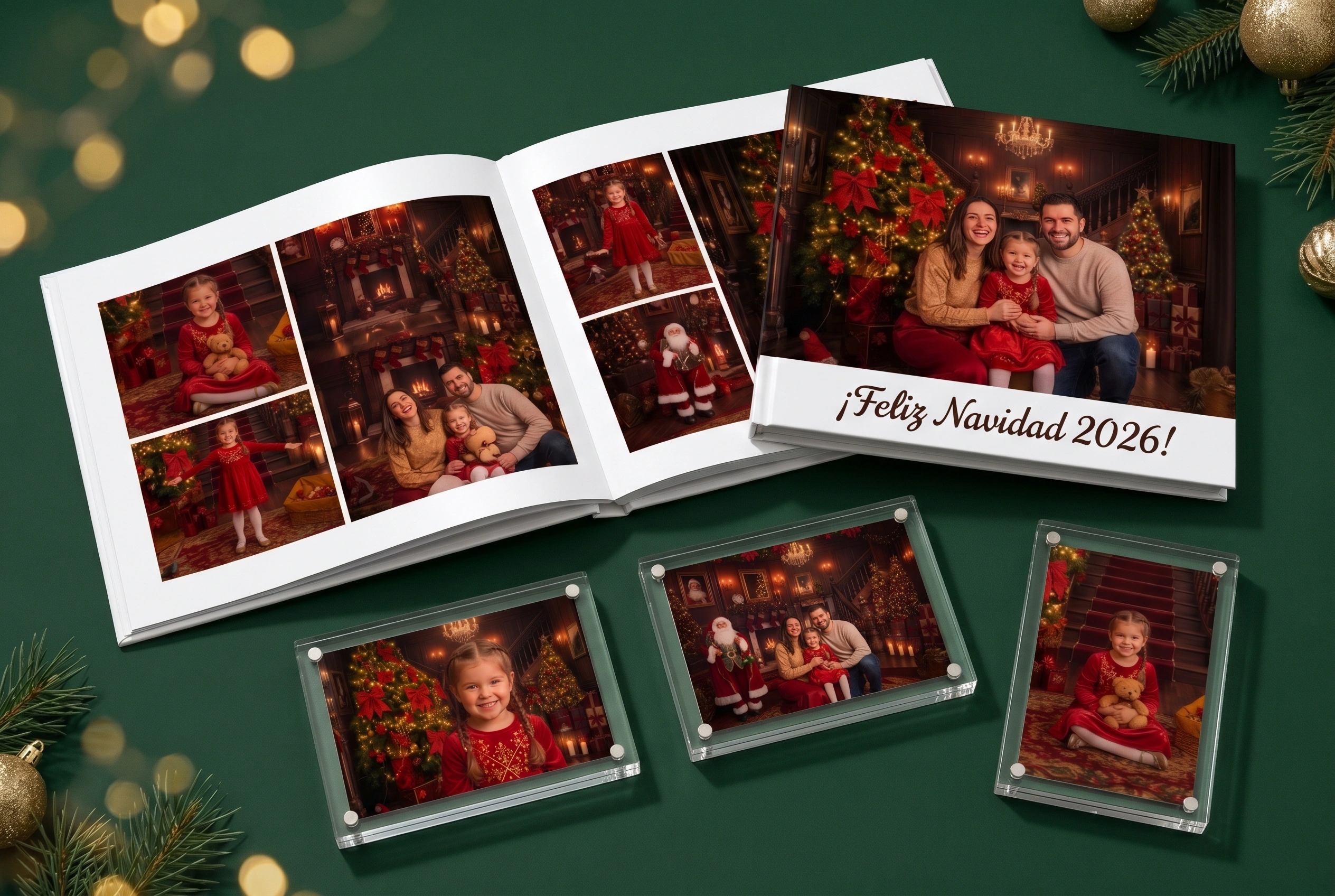 Pack Colección de Lujo: presentación del álbum navideño y tres imanes de acrílico sobre fondo verde.
