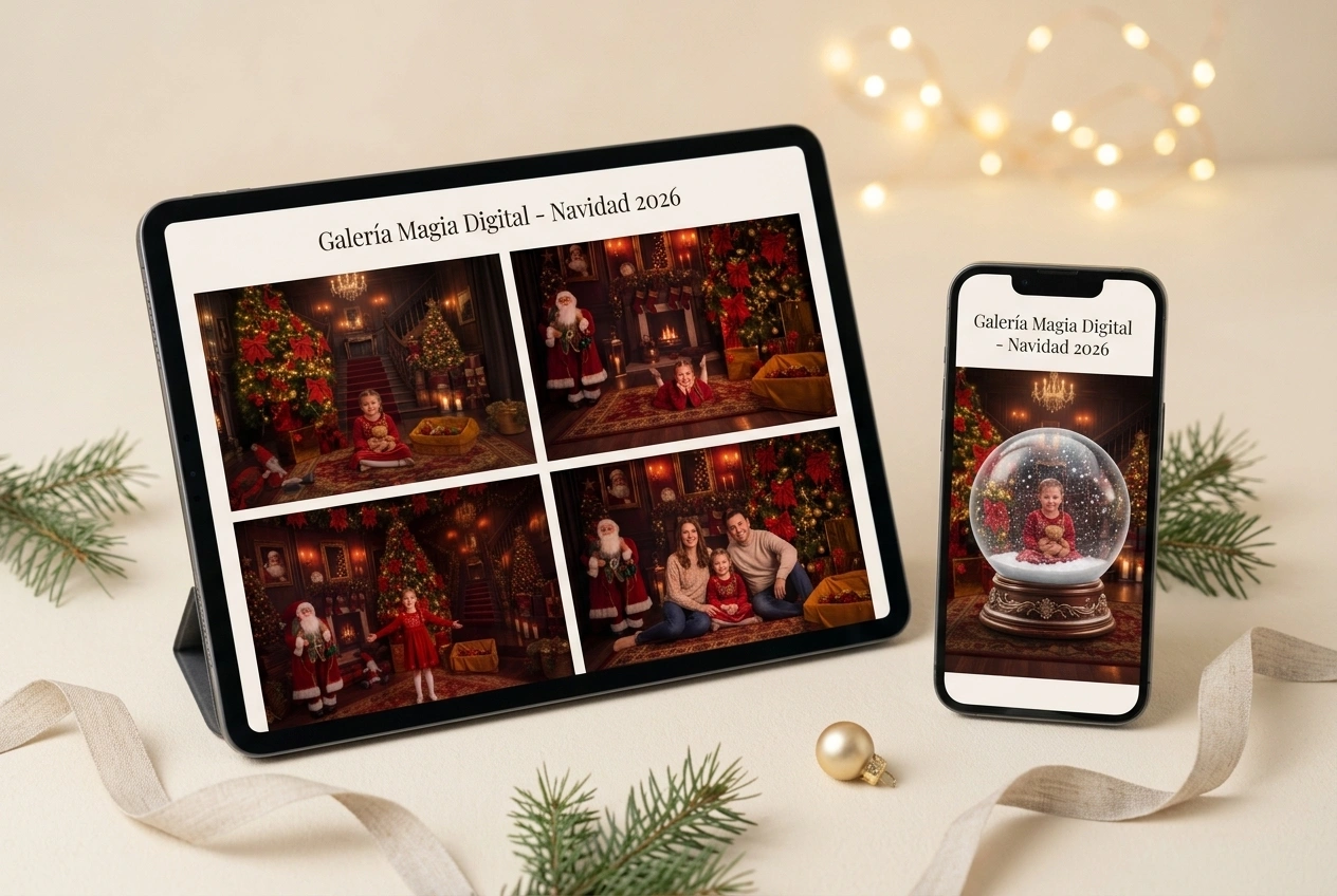 Pack Magia Digital: fotografías navideñas presentadas en una tablet y un móvil.