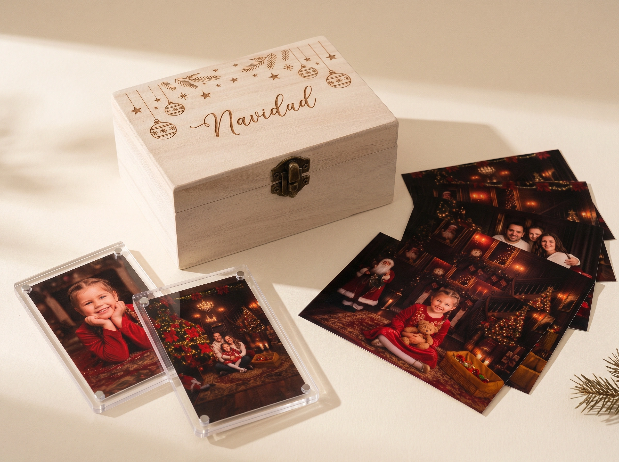 Pack Recuerdo de Madera: caja personalizada, copias impresas y dos imanes de acrílico.