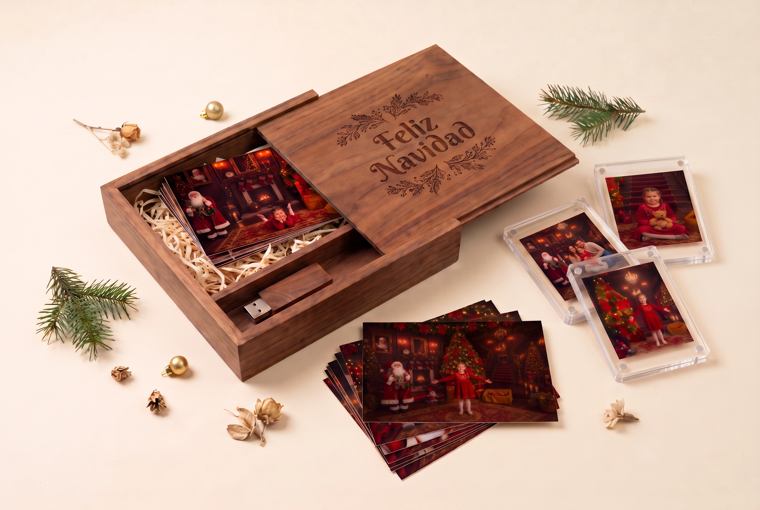 Pack Tesoro Familiar: caja de nogal personalizada con pendrive de madera, copias y tres imanes de acrílico.