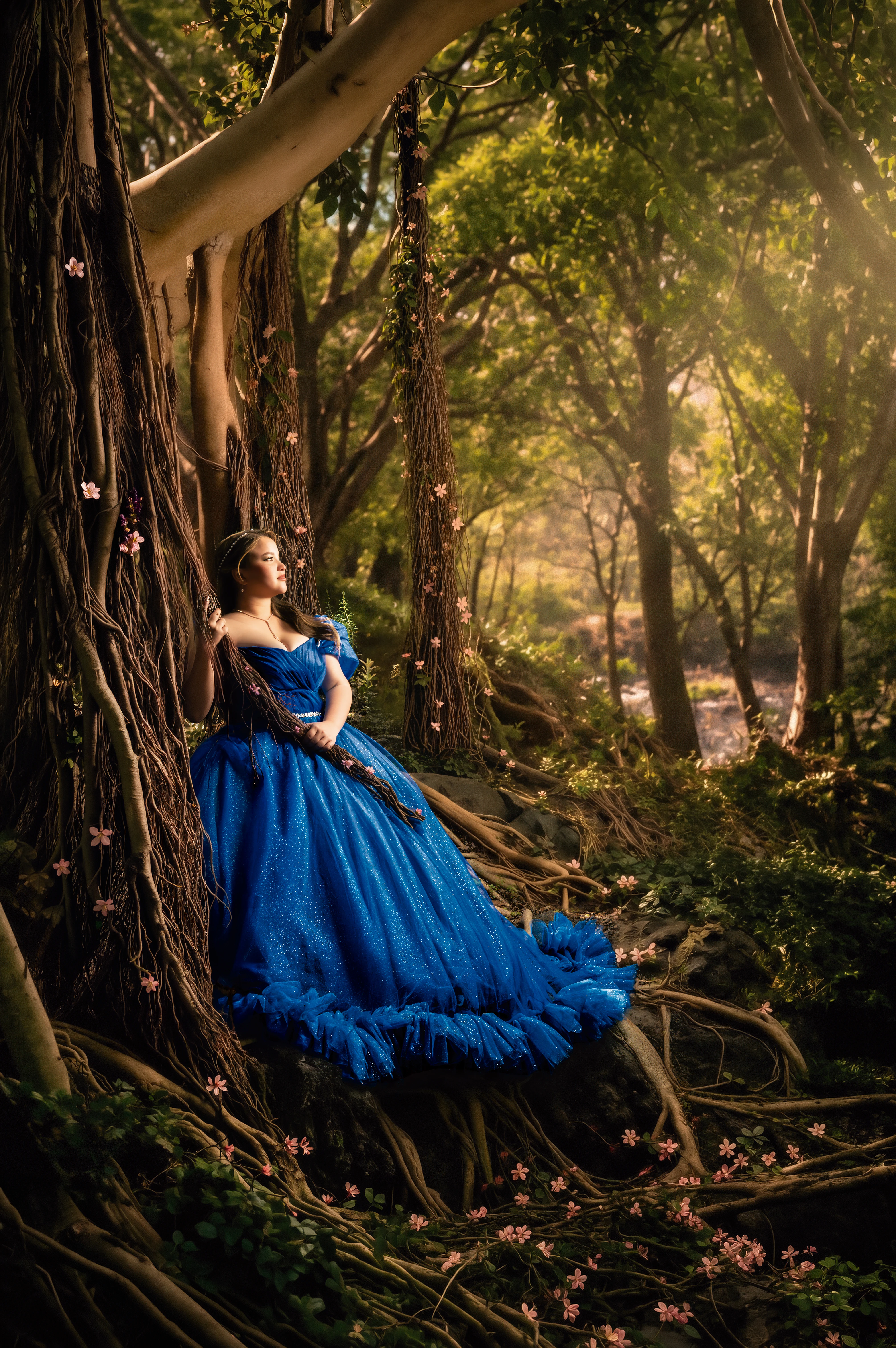 Quinceañera con vestido azul sentada entre raíces y árboles.