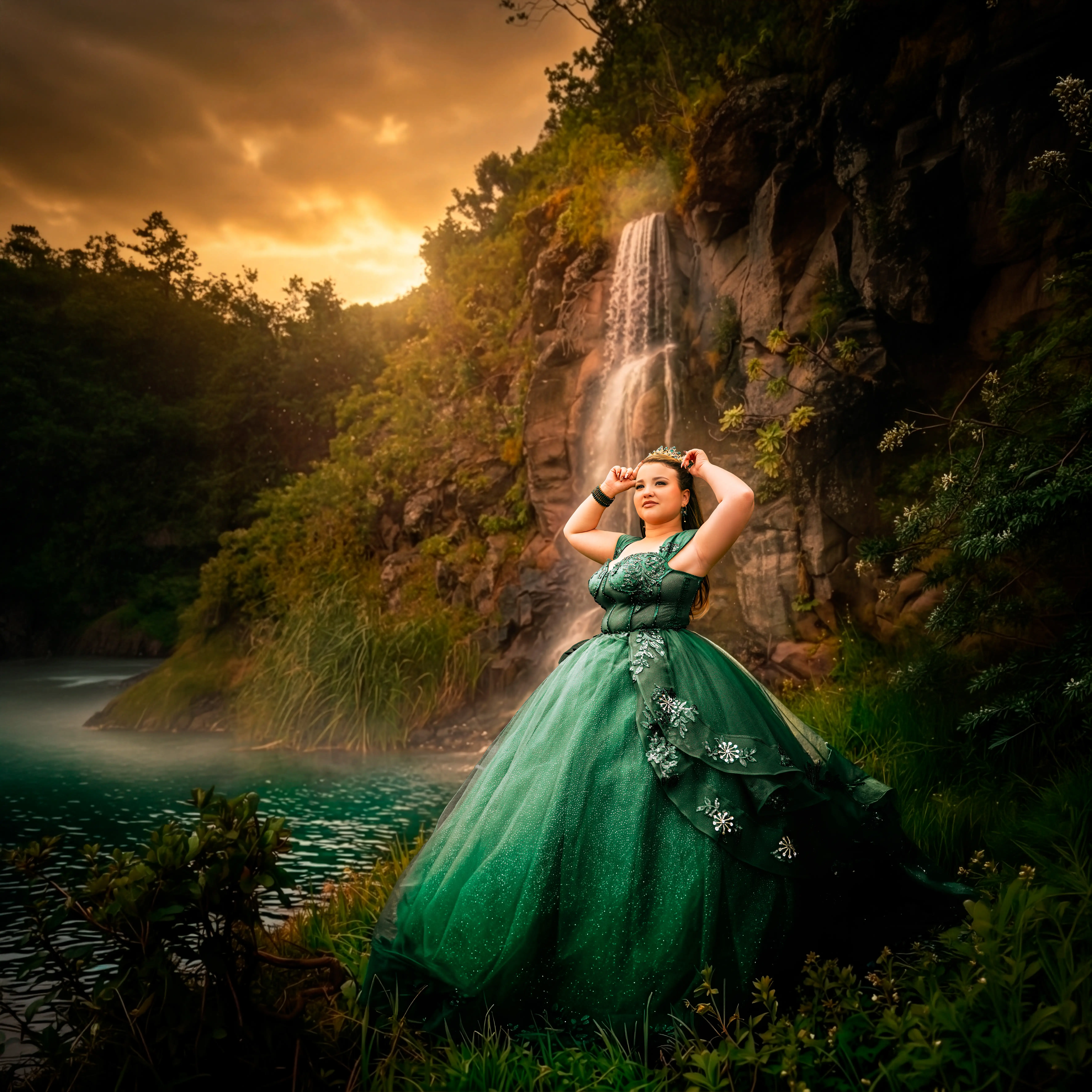 Quinceañera con vestido verde junto a una cascada al atardecer.