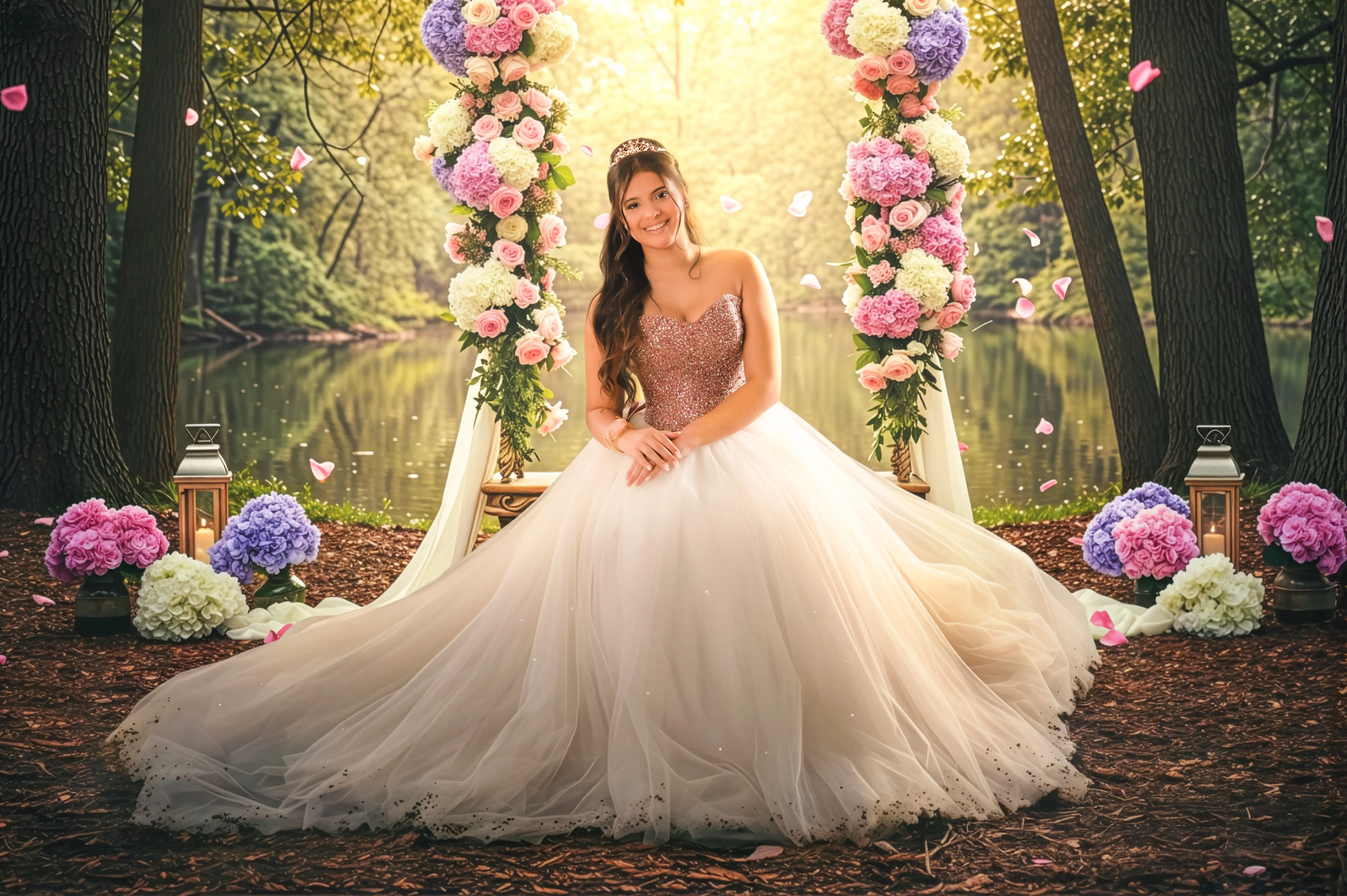 Quinceañera con vestido blanco sentada en un columpio floral junto a un lago.