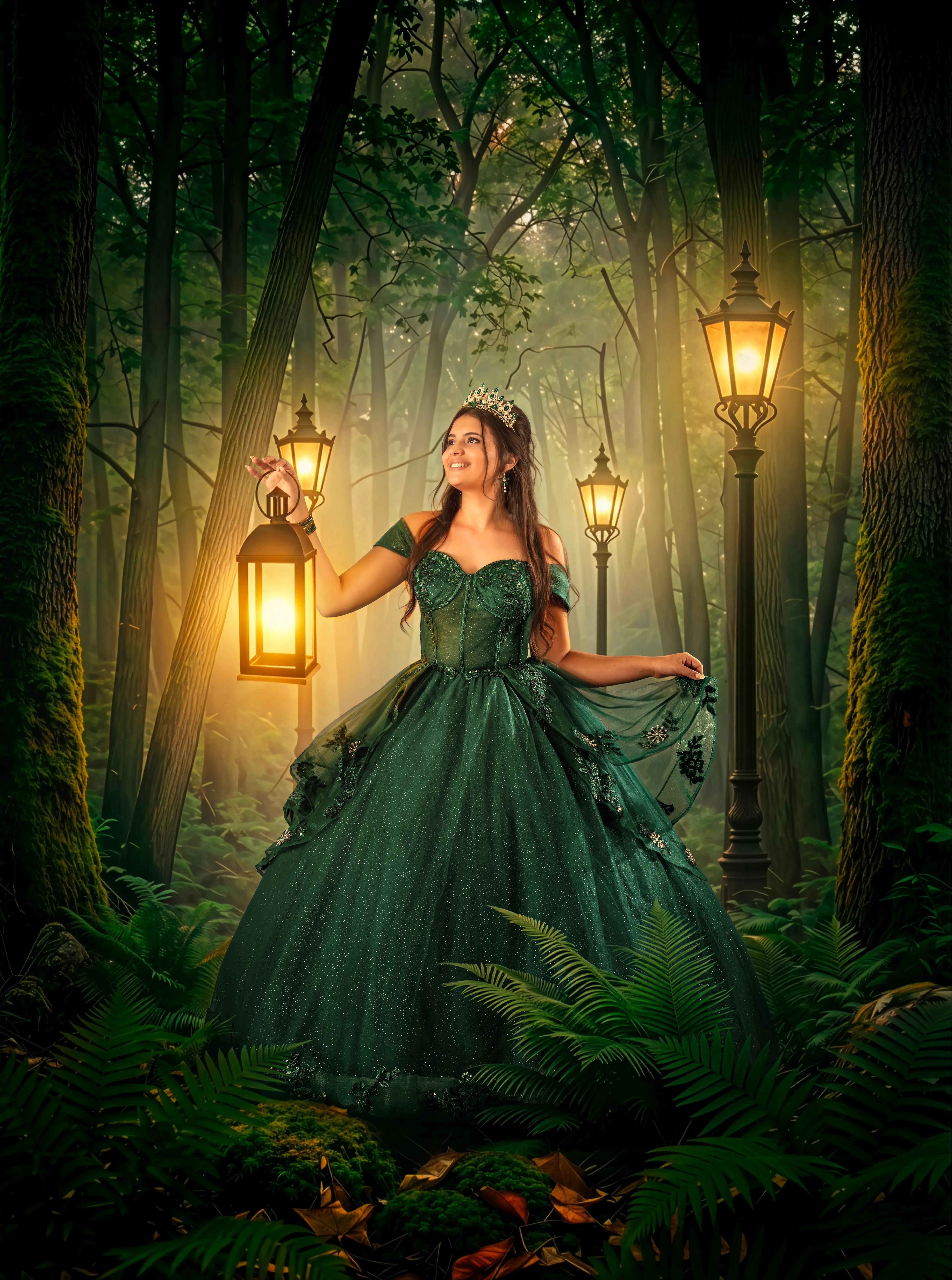 Quinceañera con vestido verde entre faroles y árboles del bosque.