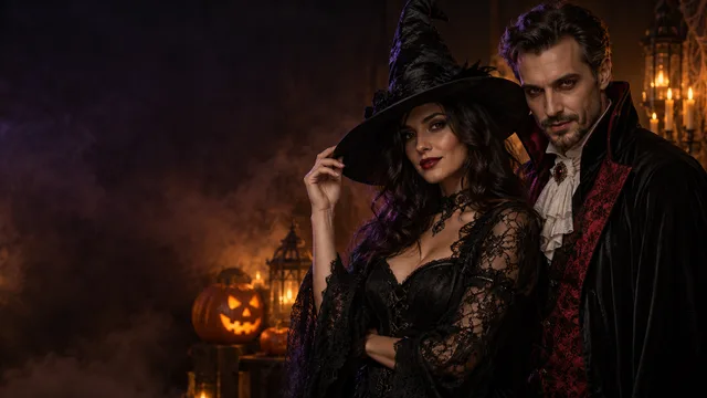 Inspiración cinematográfica: pareja con disfraces góticos entre luces y calabazas