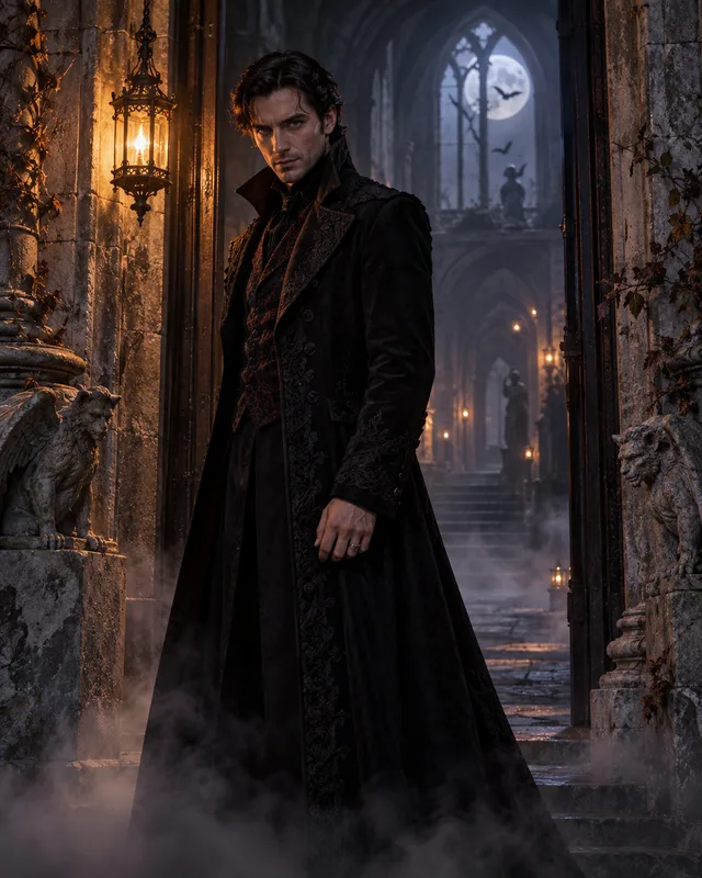 Inspiración de fotomontaje: personaje de vampiro en una mansión gótica