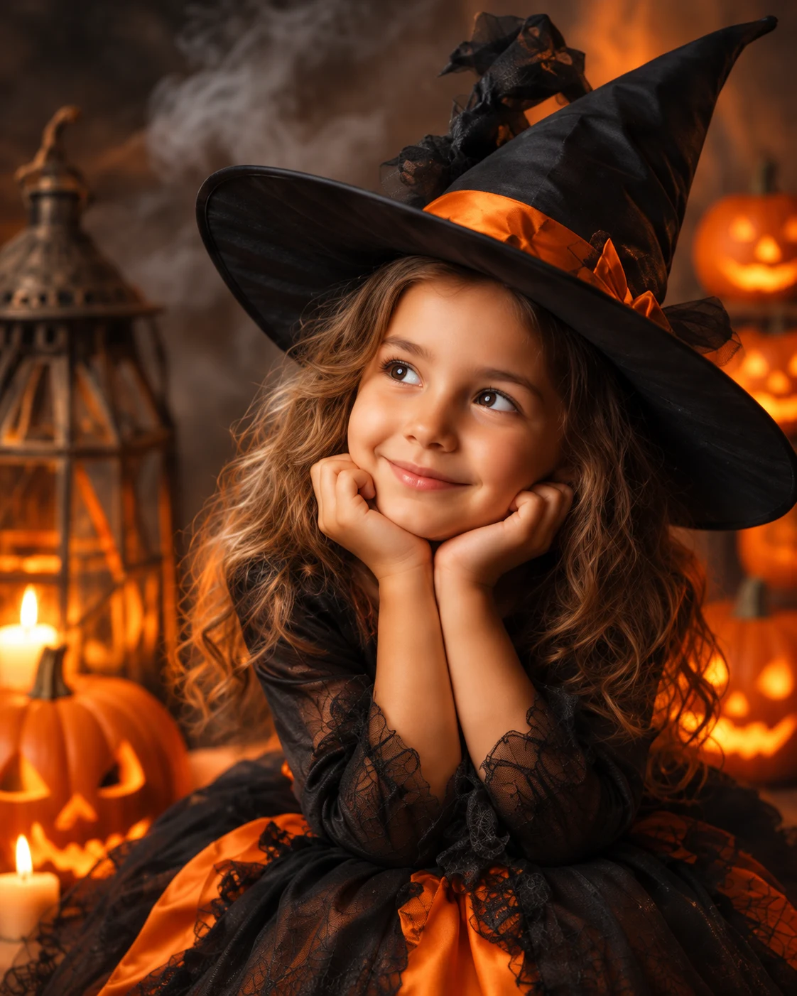 Niña disfrazada de bruja durante una sesión de Halloween.