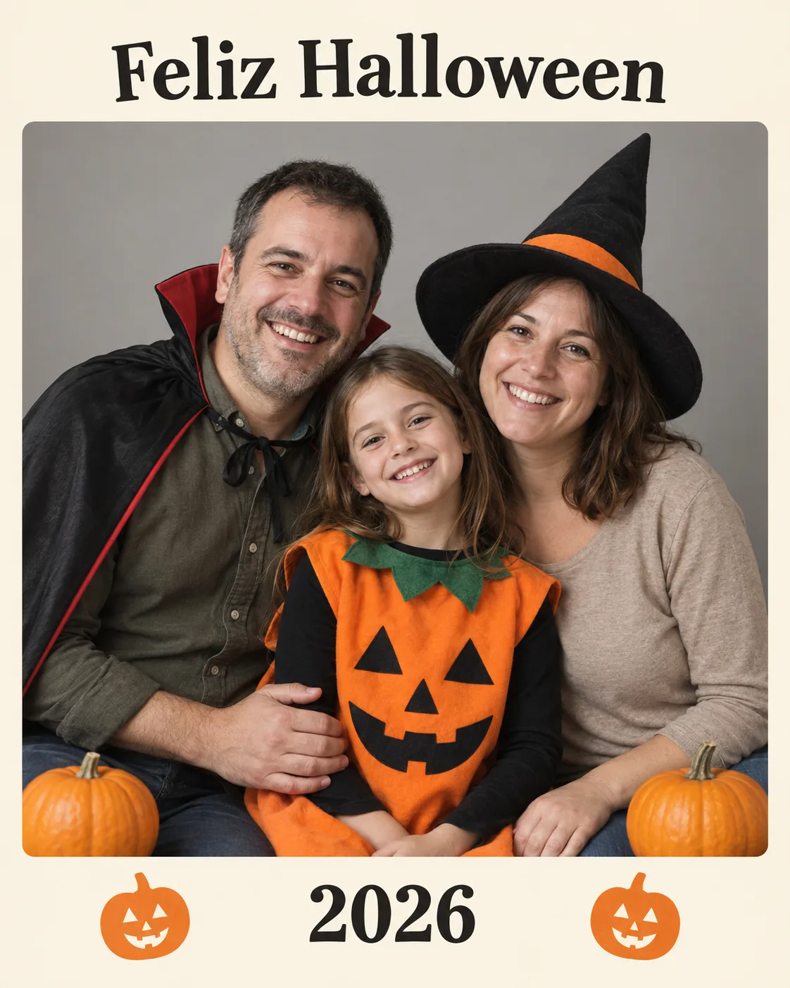 Ejemplo ilustrativo de postal Feliz Halloween 2026 con una familia disfrazada