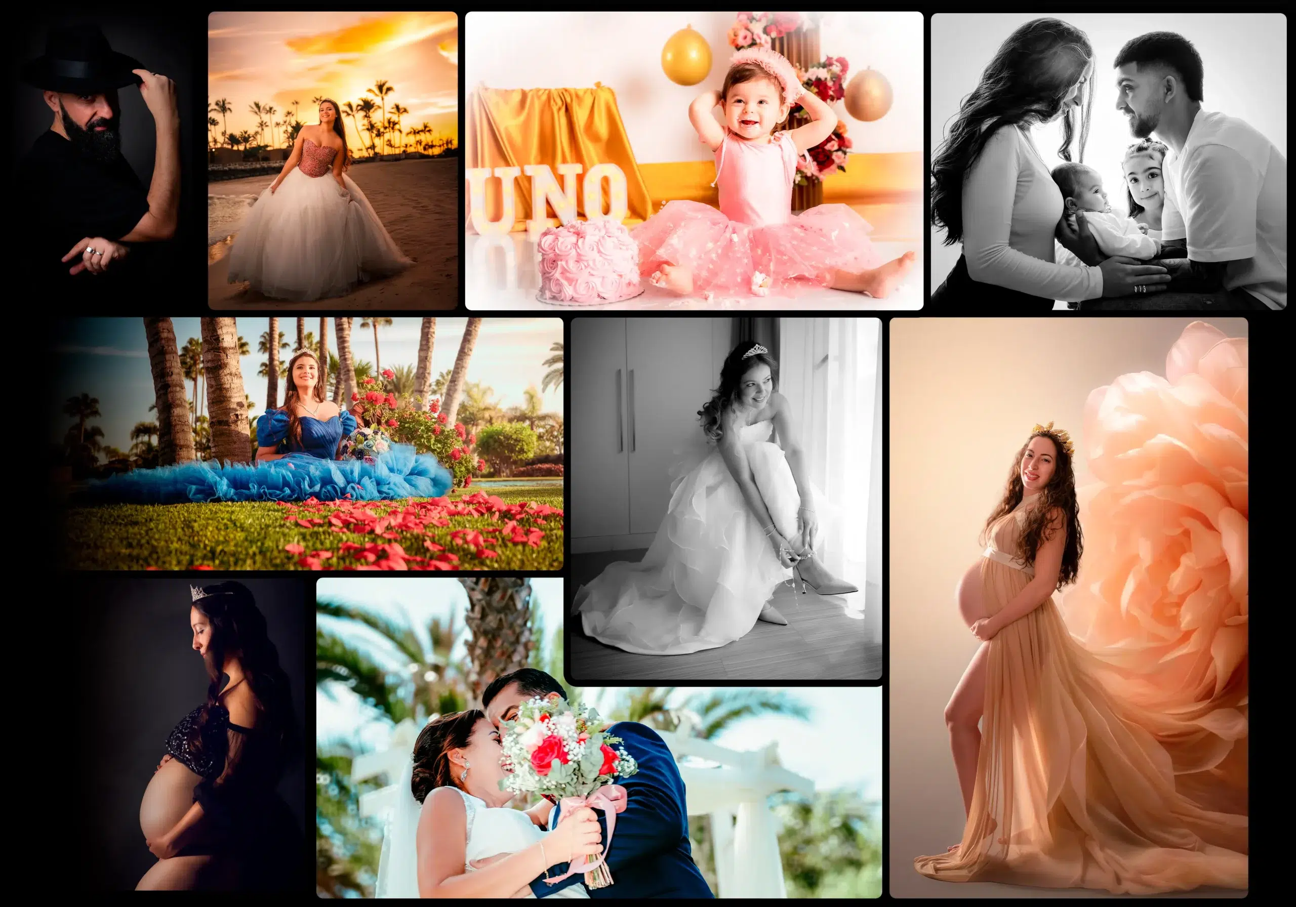 Collage de sesiones de boda, embarazo, familia, bebés, retratos y quinceañeras realizadas por Magiart en Gran Canaria