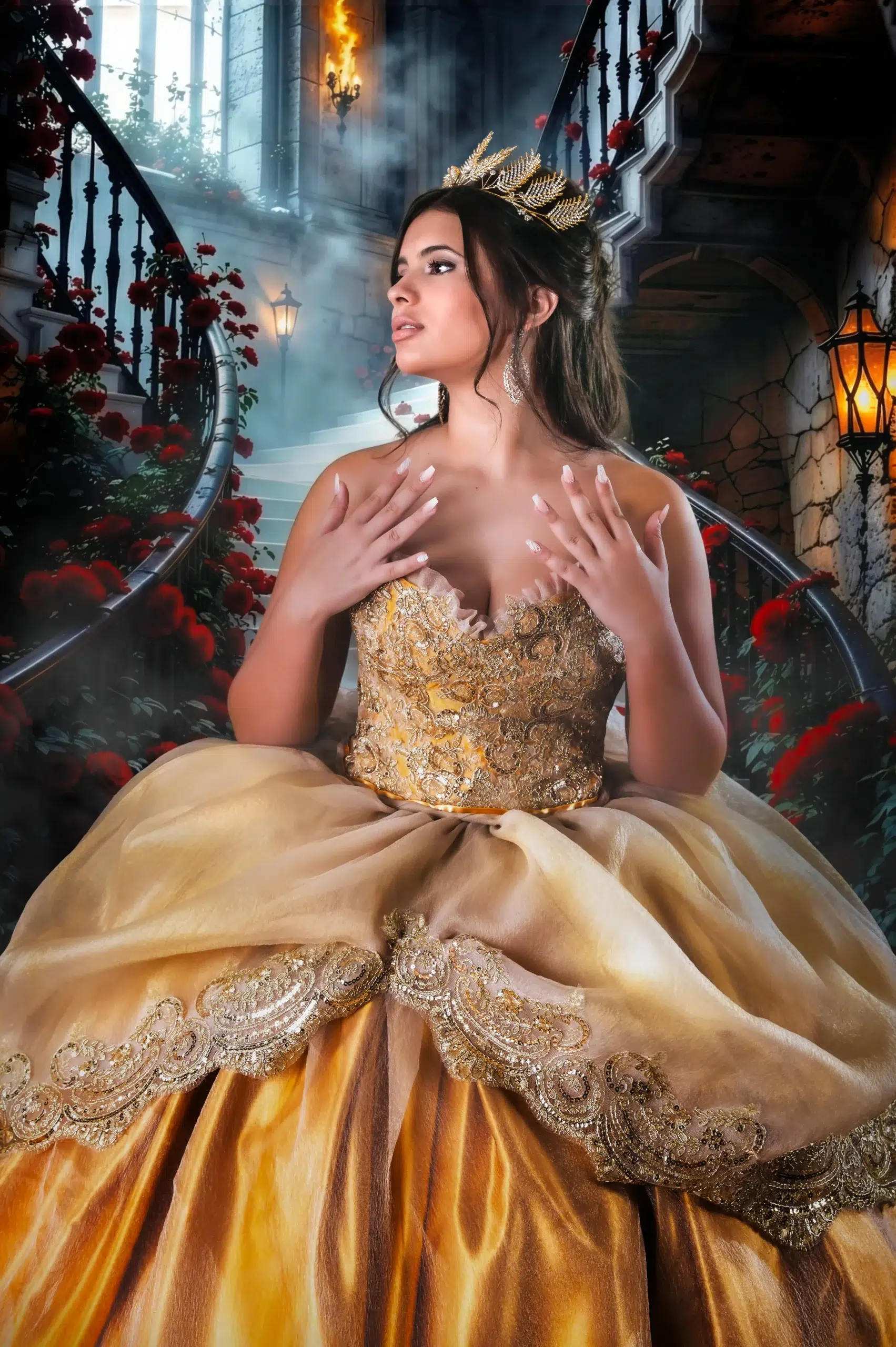 Quinceañera con corona y vestido dorado en un escenario de fantasía en Gran Canaria