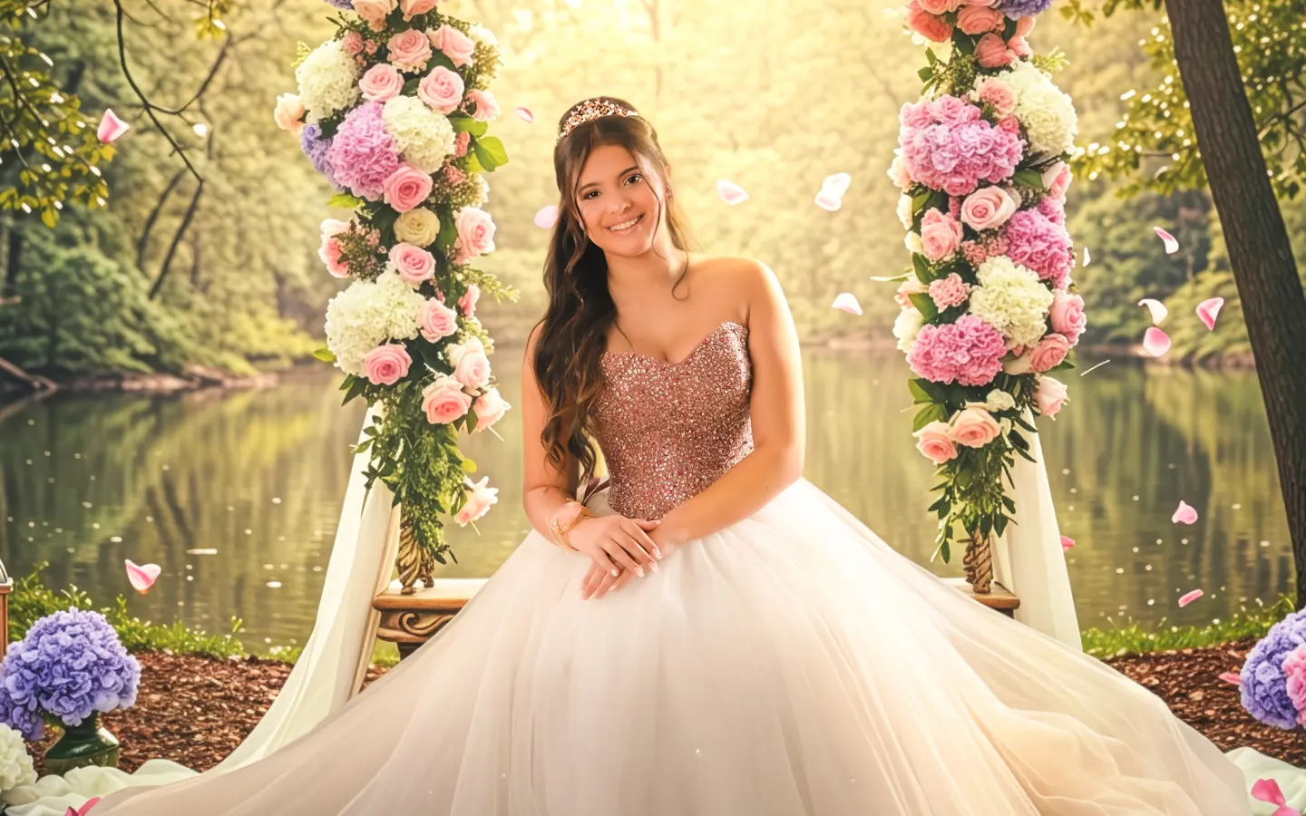Joven con corona y vestido blanco de quinceañera posando en un escenario de bosque decorado con flores