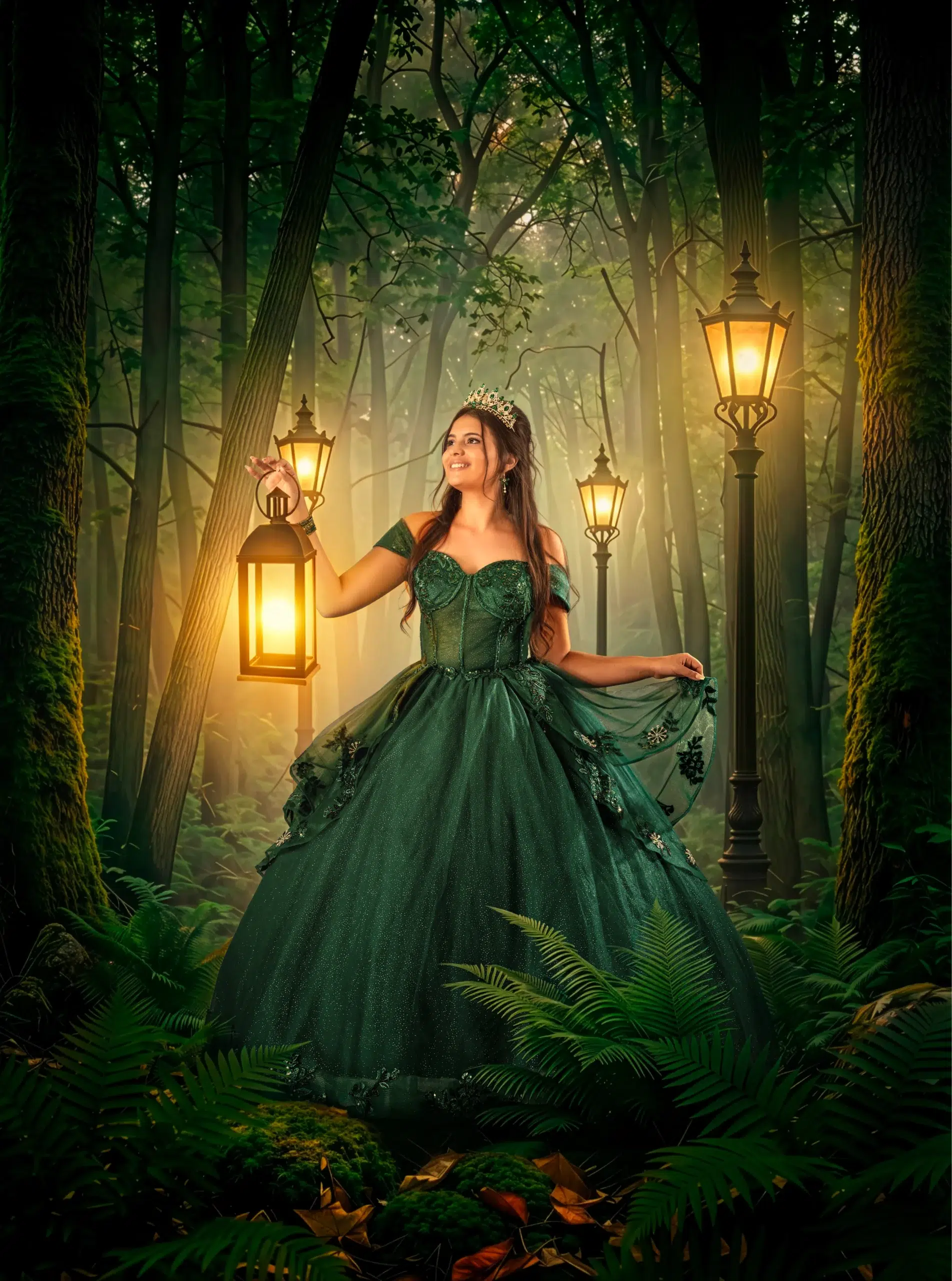 Quinceañera con corona y vestido verde sosteniendo un farol en un escenario de bosque fantástico en Las Palmas