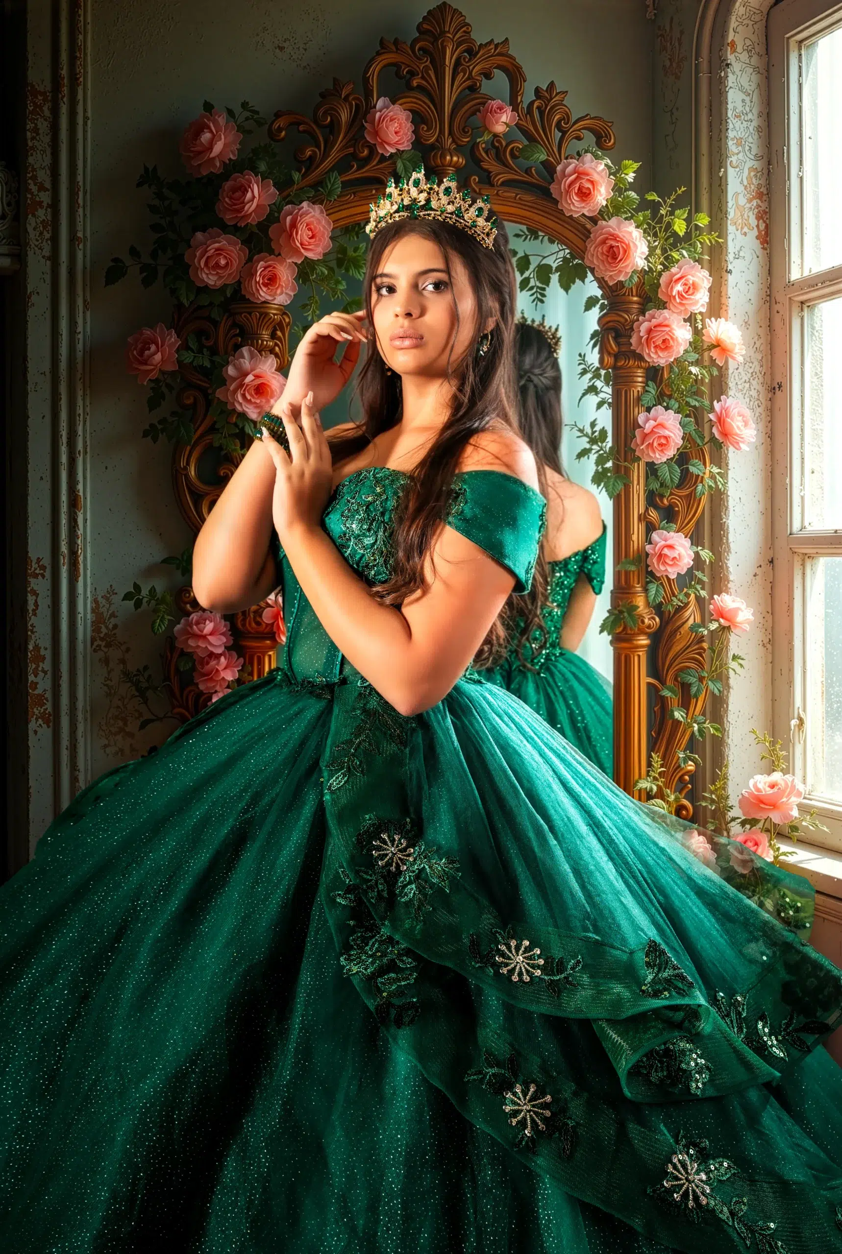 Joven con corona y vestido verde posando ante un espejo decorado con rosas durante una sesión de quince años