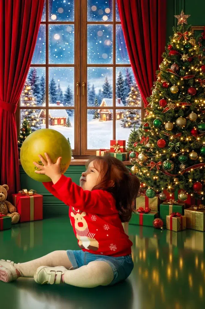 Niña jugando con una bola dorada delante de un árbol de Navidad.